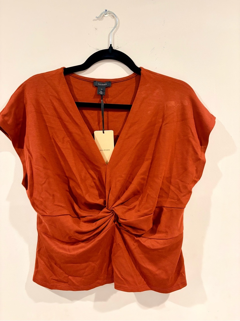 Halogen Short-Sleeve Twist-Front V-Neck Top in Rust Orange